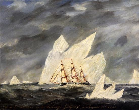 19th century English School HMS Leander in the icebergs, July 29th to August 3rd 1866, 14 x 18in., unframed